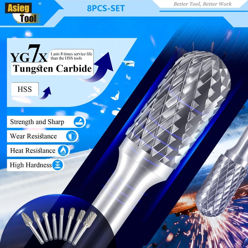 Asieg Tool Carbide Burr Set 8pcs with 1/4''Shank Double Cut Solid Power Tools Tungsten Carbide Rotary Files Bits for Die Grinder Metal Wood Carving Engraving Polishing Drilling Grinding Milling Cutting - Image 3